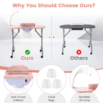 Folding Manicure Nail Table with Electric Dust Collector-Pink