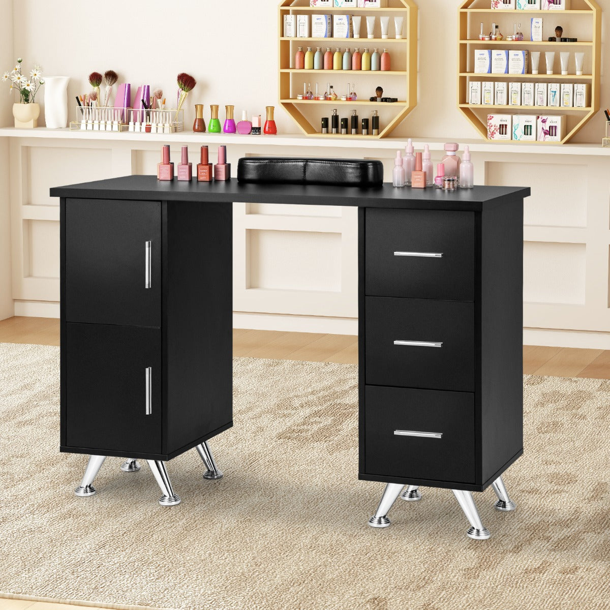 Manicure Table Nail Desk Nail Tech Station with Drawers-Black