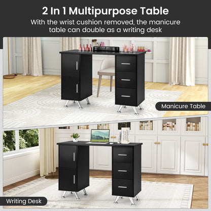 Manicure Table Nail Desk Nail Tech Station with Drawers-Black