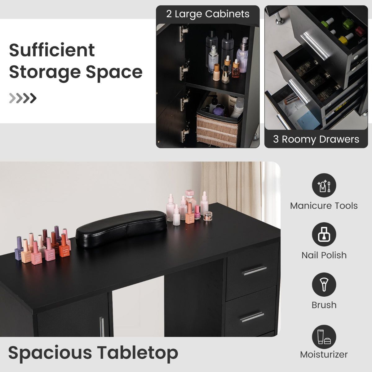 Manicure Table Nail Desk Nail Tech Station with Drawers-Black