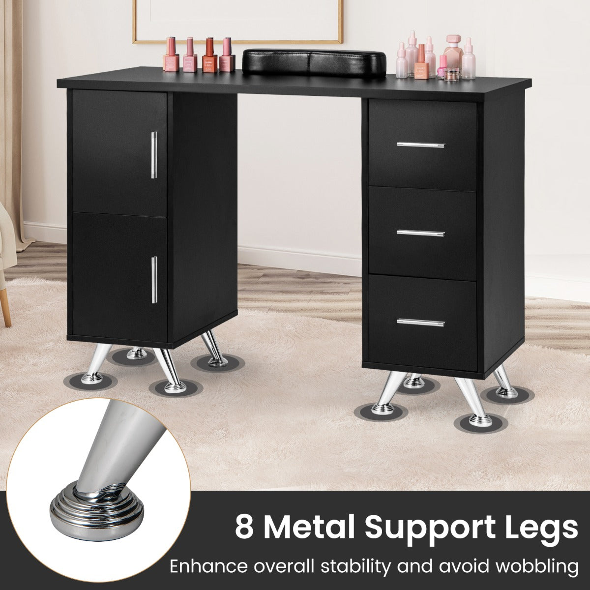 Manicure Table Nail Desk Nail Tech Station with Drawers-Black