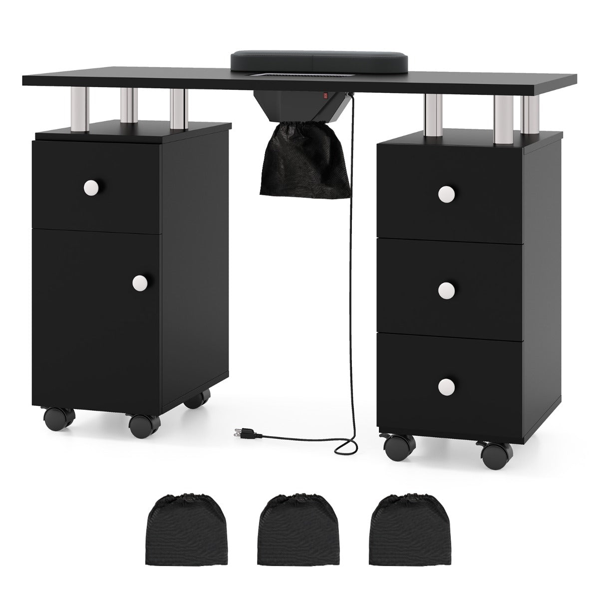 Manicure Table Nail Desk with Electric Dust Collector 3 Dust Bags-Black