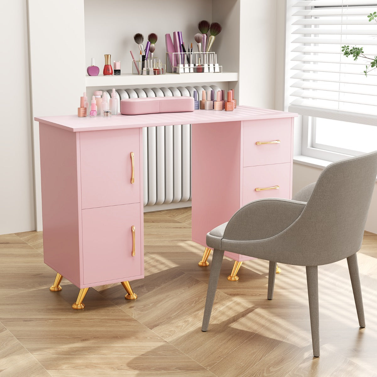 Manicure Table Nail Desk Nail Tech Station with Drawers-Pink