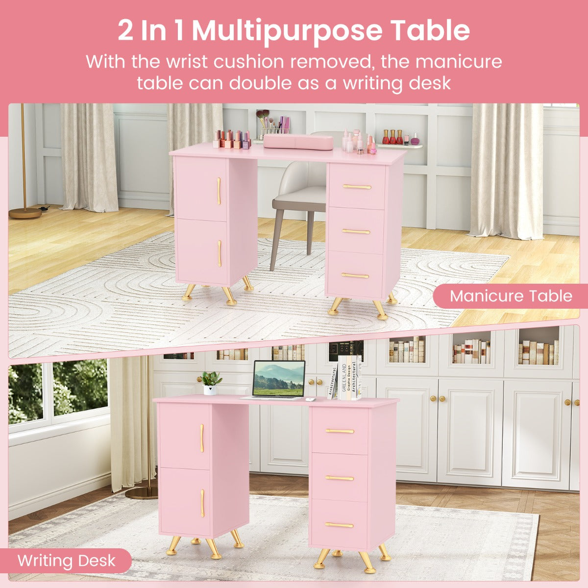 Manicure Table Nail Desk Nail Tech Station with Drawers-Pink
