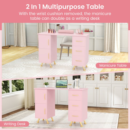 Manicure Table Nail Desk Nail Tech Station with Drawers-Pink
