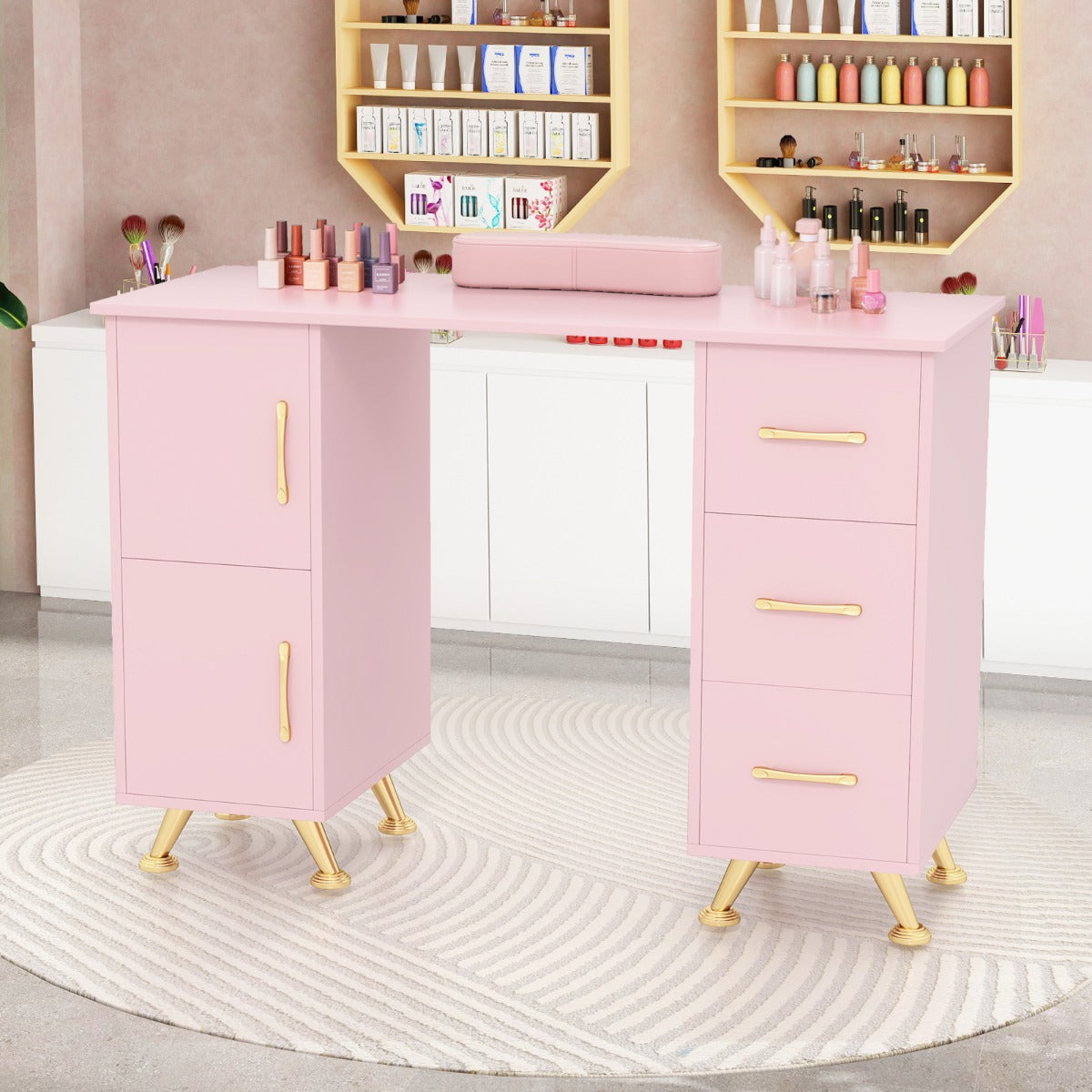 Manicure Table Nail Desk Nail Tech Station with Drawers-Pink