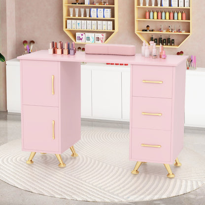Manicure Table Nail Desk Nail Tech Station with Drawers-Pink