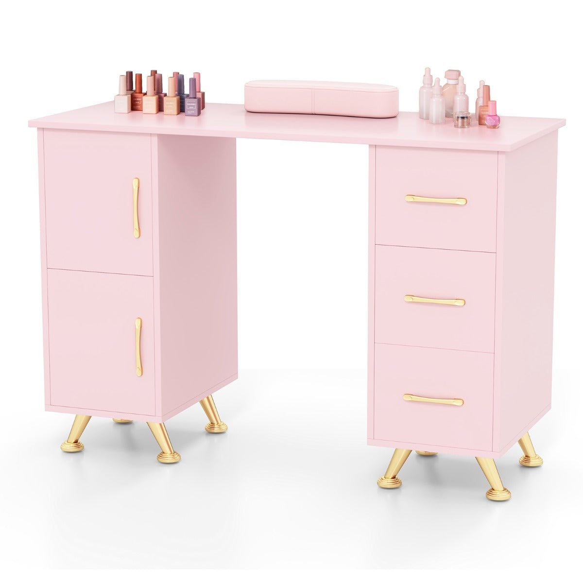 Manicure Table Nail Desk Nail Tech Station with Drawers-Pink