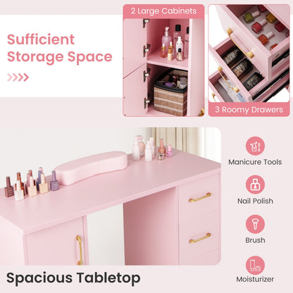 Manicure Table Nail Desk Nail Tech Station with Drawers-Pink