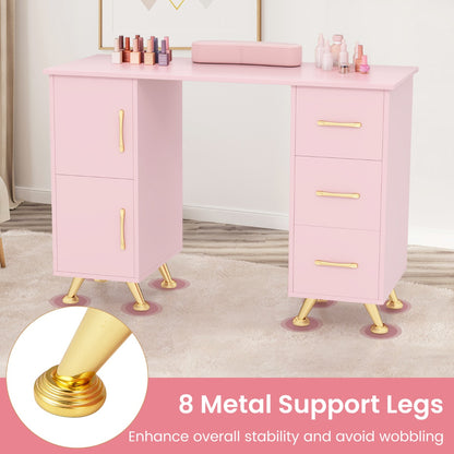 Manicure Table Nail Desk Nail Tech Station with Drawers-Pink
