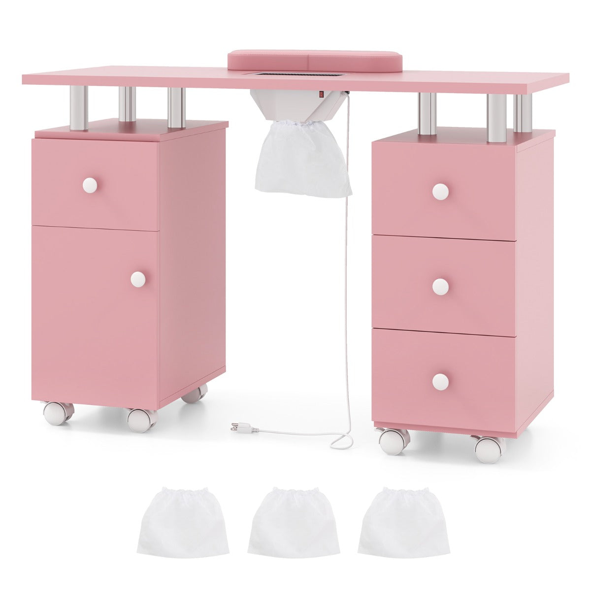 Manicure Table Nail Desk with Electric Dust Collector 3 Dust Bags-Pink