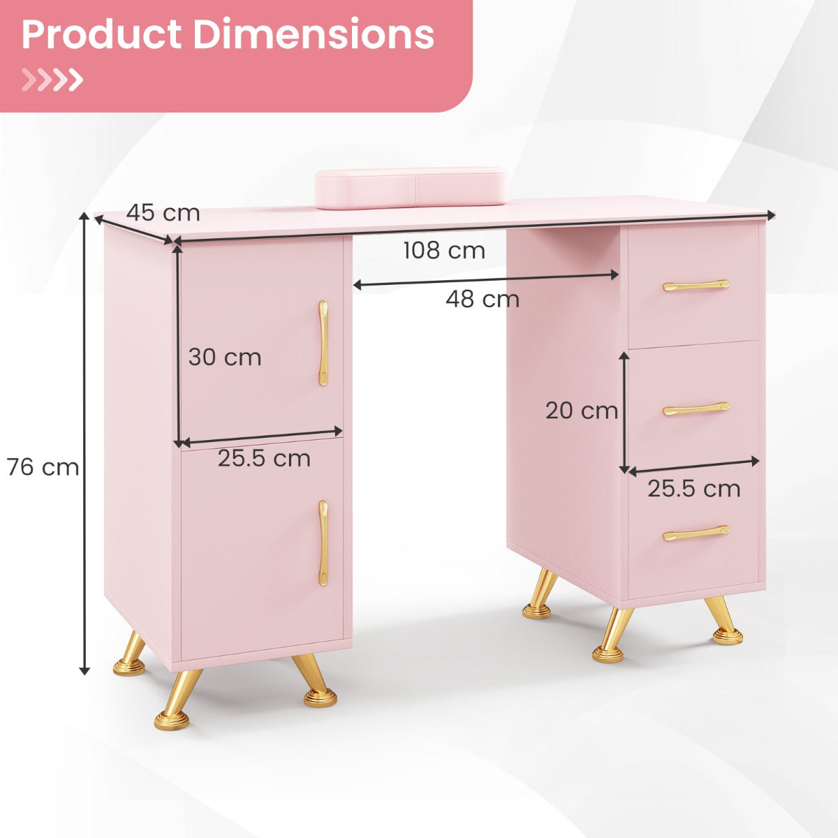 Manicure Table Nail Desk Nail Tech Station with Drawers-Pink
