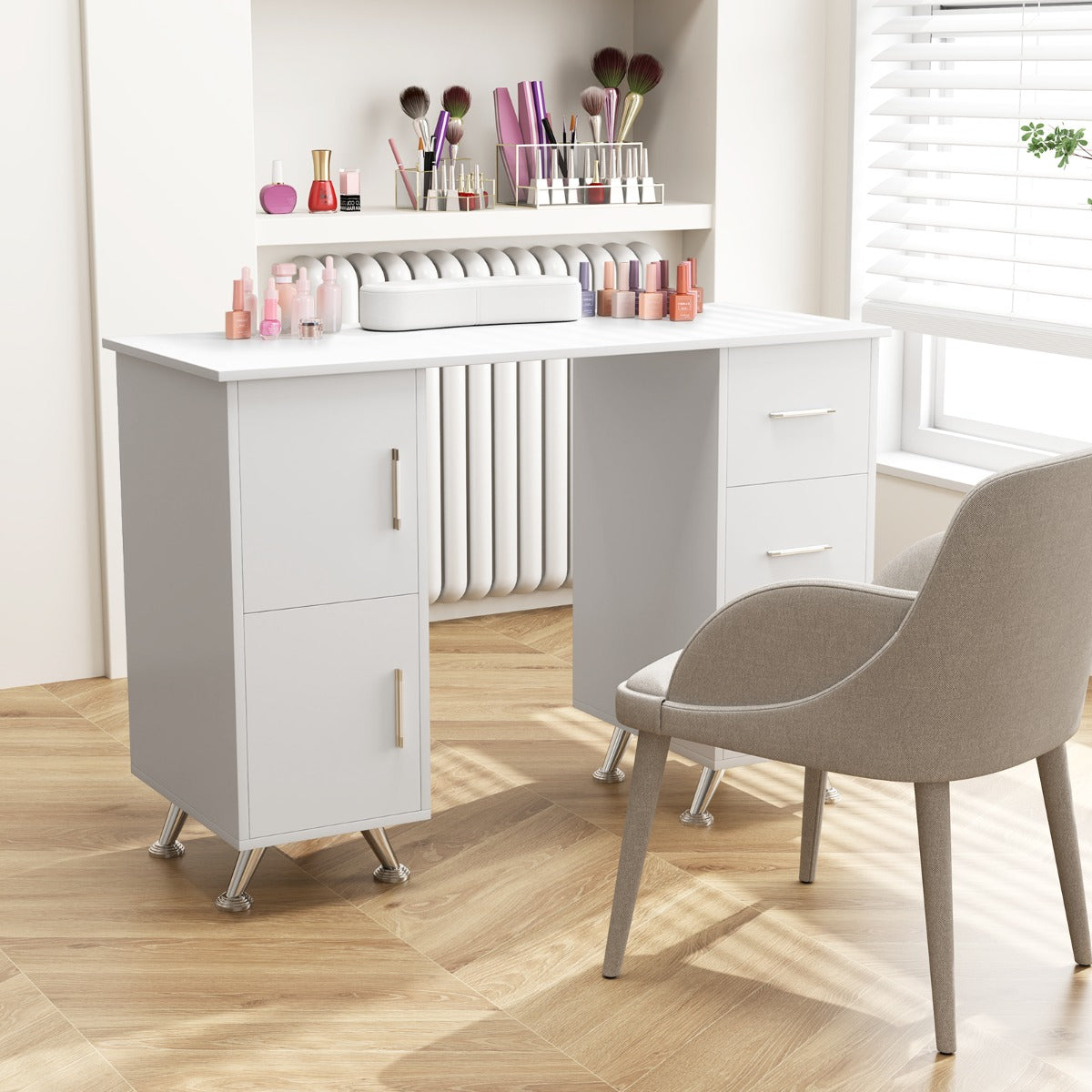 Manicure Table Nail Desk Nail Tech Station with Drawers-White