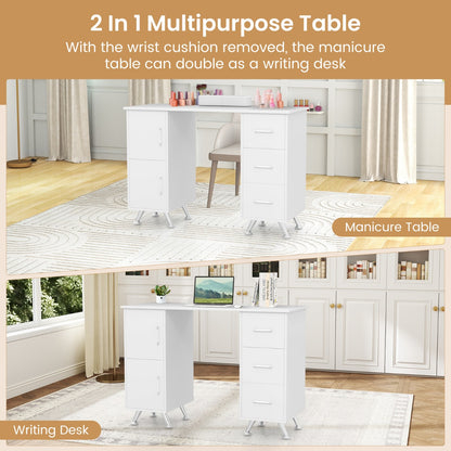 Manicure Table Nail Desk Nail Tech Station with Drawers-White