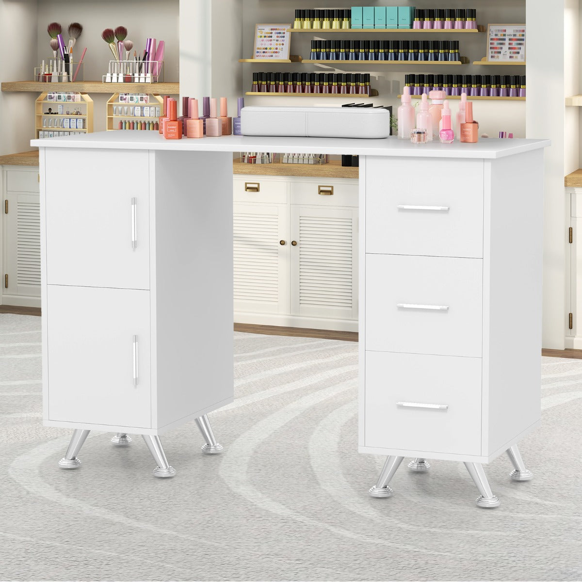 Manicure Table Nail Desk Nail Tech Station with Drawers-White