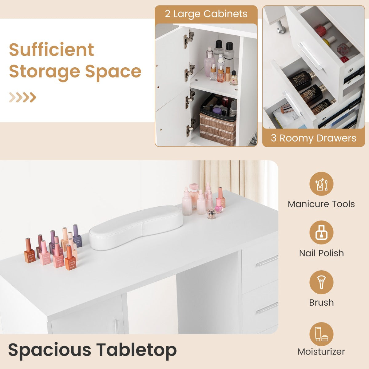 Manicure Table Nail Desk Nail Tech Station with Drawers-White