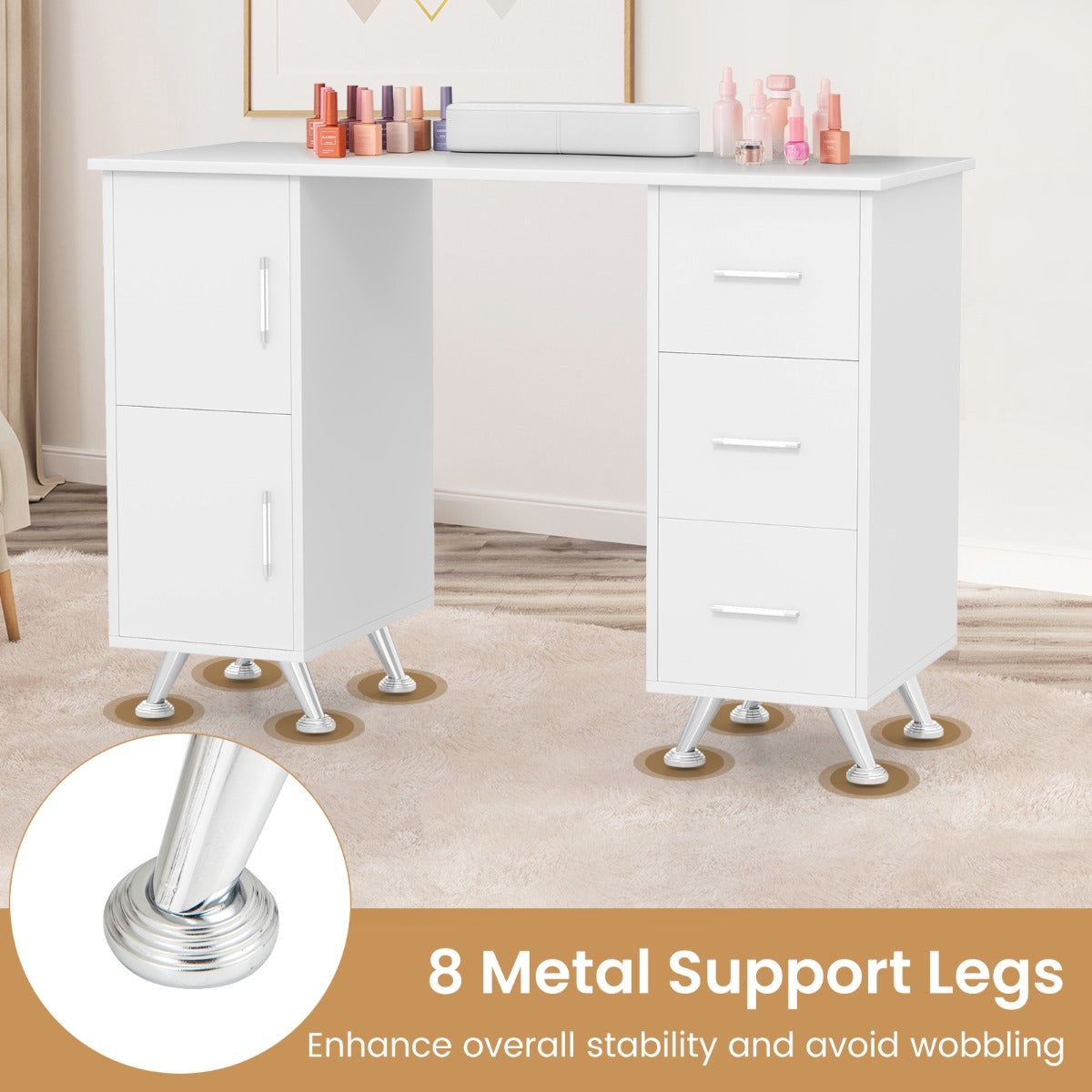 Manicure Table Nail Desk Nail Tech Station with Drawers-White