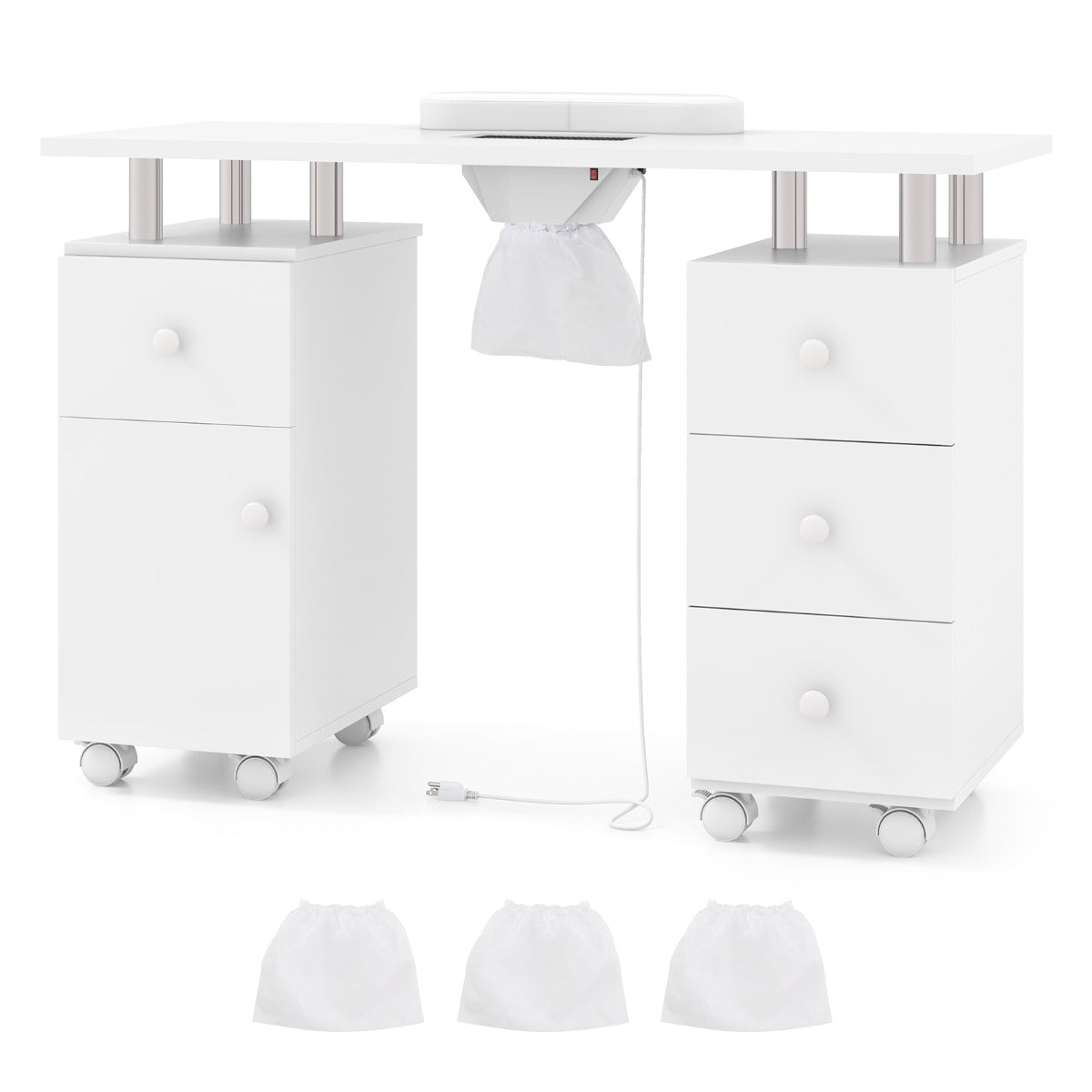 Manicure Table Nail Desk with Electric Dust Collector 3 Dust Bags-White