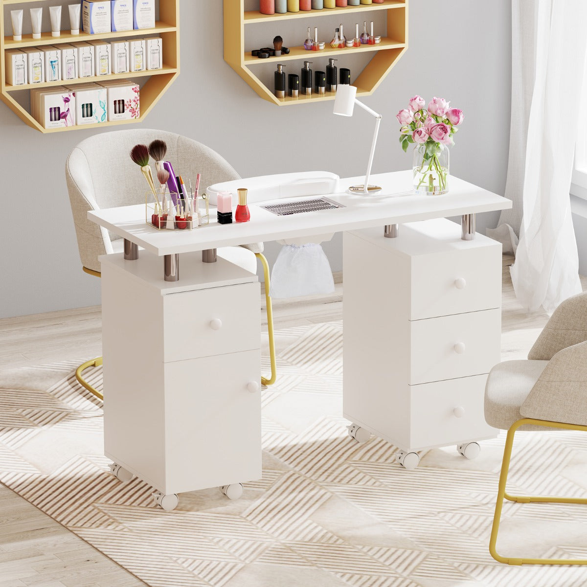 Manicure Table Nail Desk with Electric Dust Collector 3 Dust Bags-White