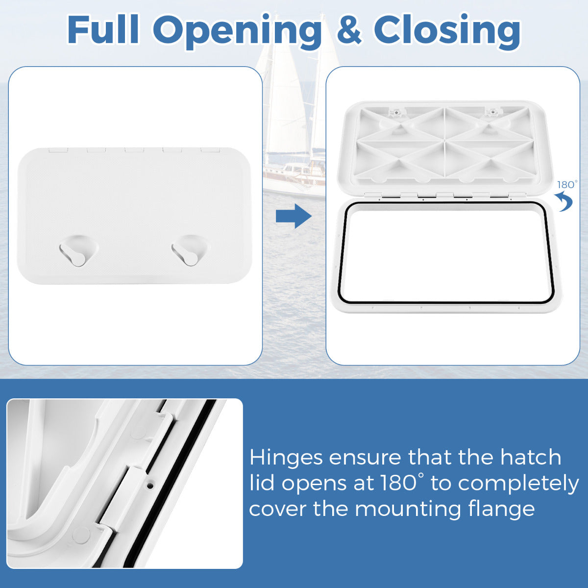 Marine Deck Access Hatch with 180° Lid Hinge and Non-Slip Surface-White