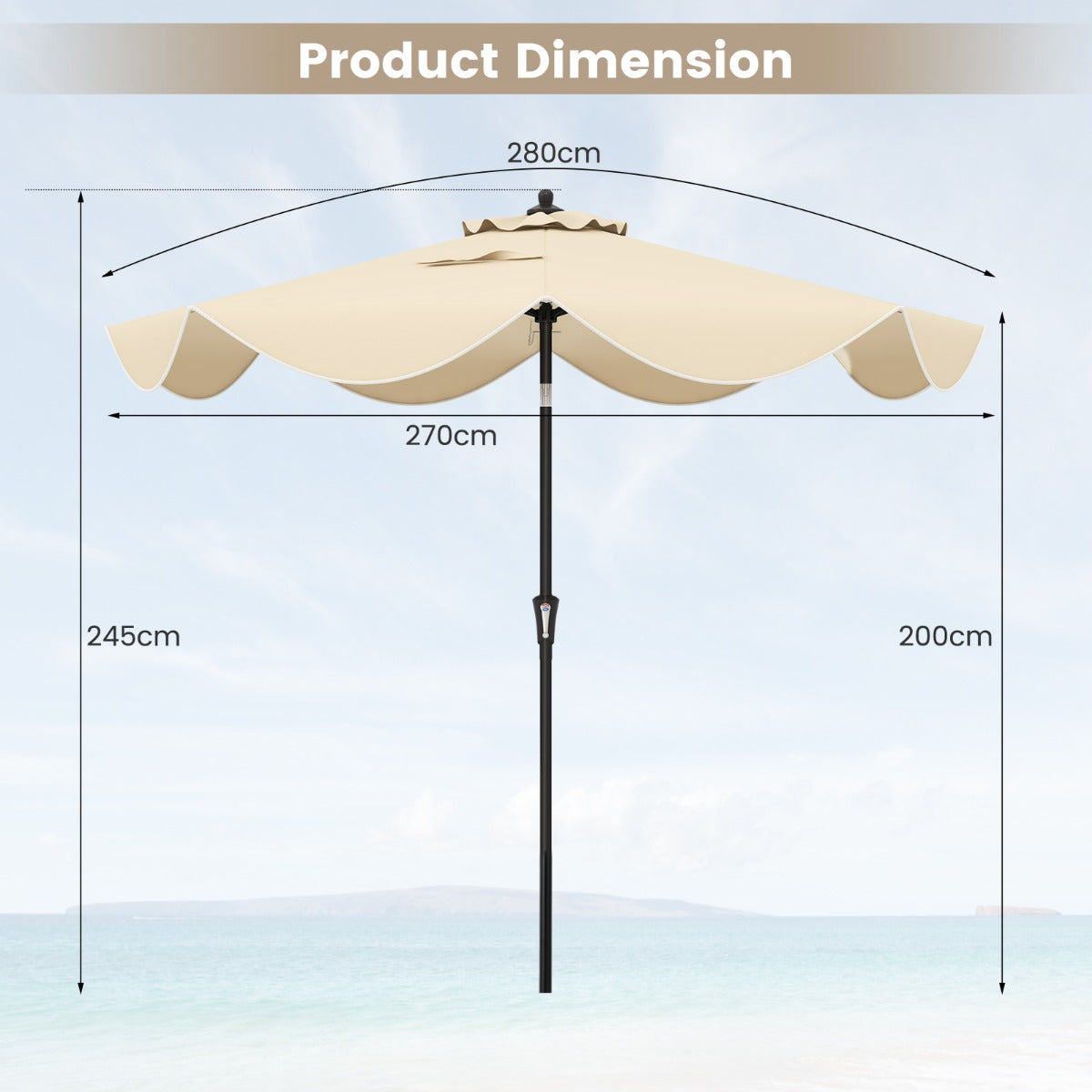 280 cm patio umbrella with ruffled edges, tilting canopy, crank handle, and spacious outdoor shade