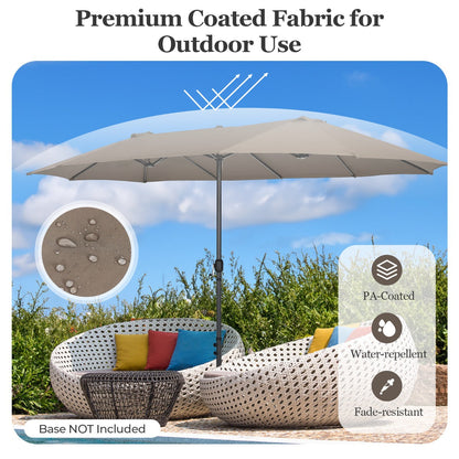 Large garden umbrella features three top vents that promote airflow and improve comfort underneath
