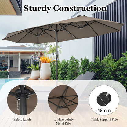 Durable metal frame and ventilated canopy make this double-sided umbrella suitable for outdoor occasions
