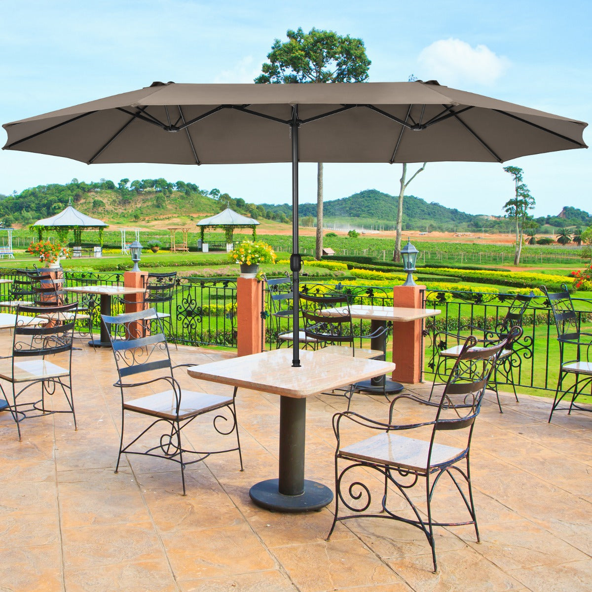 Oversized patio umbrella creates a comfortable shaded area for gardens, backyards, patios, cafes, and bars