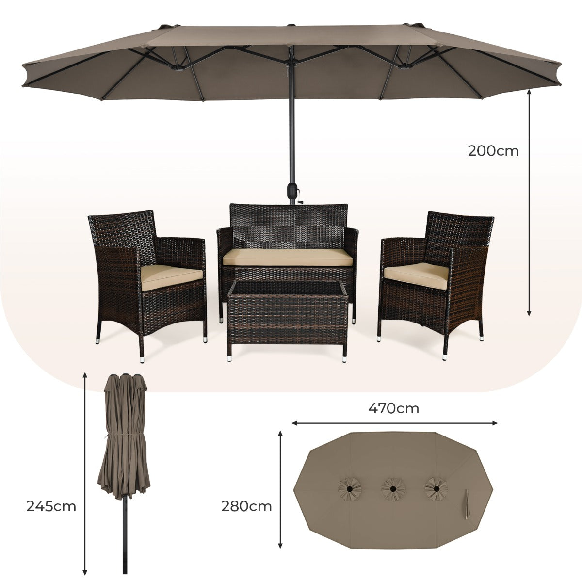 Double-sided patio umbrella with a 470 cm canopy provides generous shade for outdoor furniture and guests