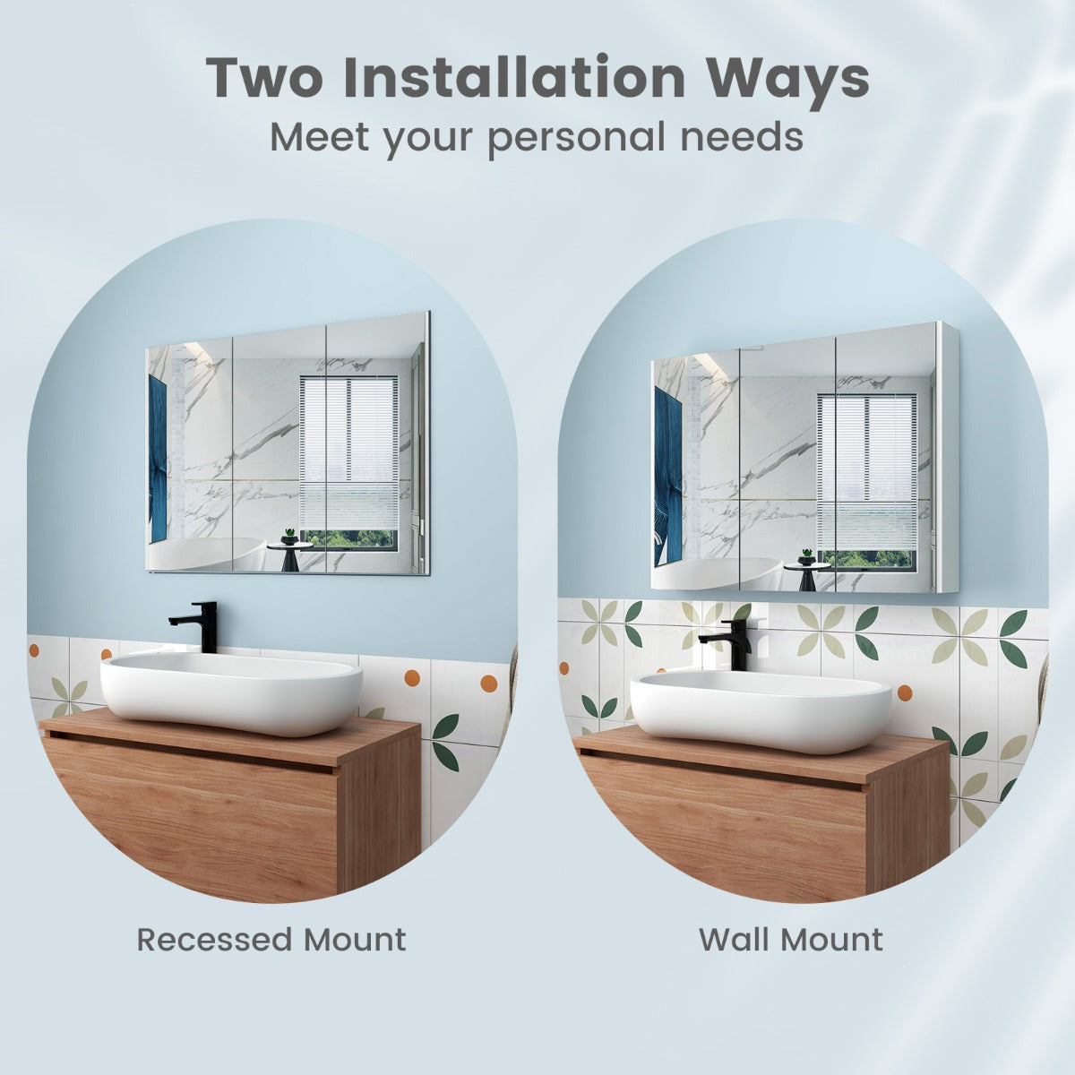 Frameless Bathroom Wall Mounted Mirror Cabinet with 3 Doors and Adjustable Shelves
