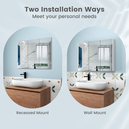 Frameless Bathroom Wall Mounted Mirror Cabinet with 3 Doors and Adjustable Shelves