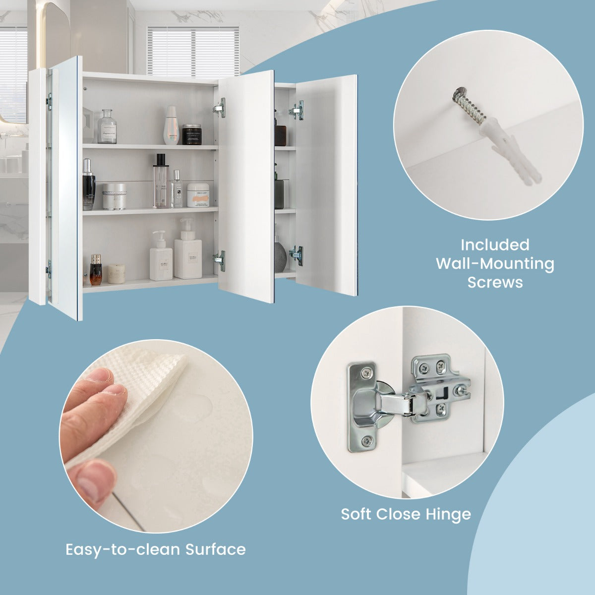 Frameless Bathroom Wall Mounted Mirror Cabinet with 3 Doors and Adjustable Shelves