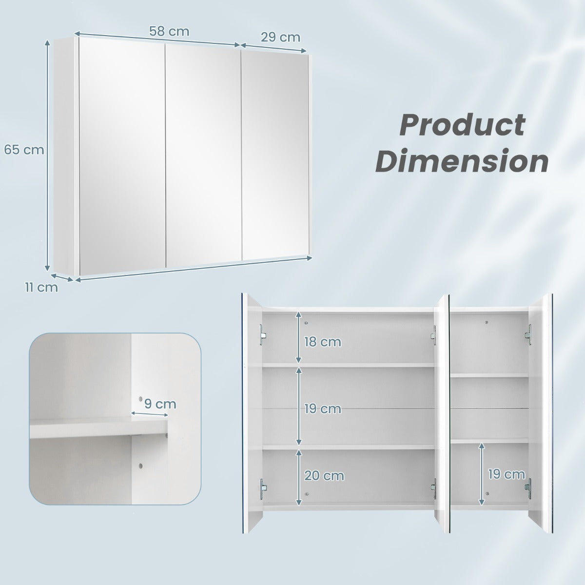 Frameless Bathroom Wall Mounted Mirror Cabinet with 3 Doors and Adjustable Shelves