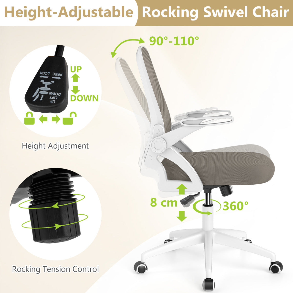 Mesh Ergonomic Computer Desk Chair with Lumbar Support and Flip-up Arms-Grey