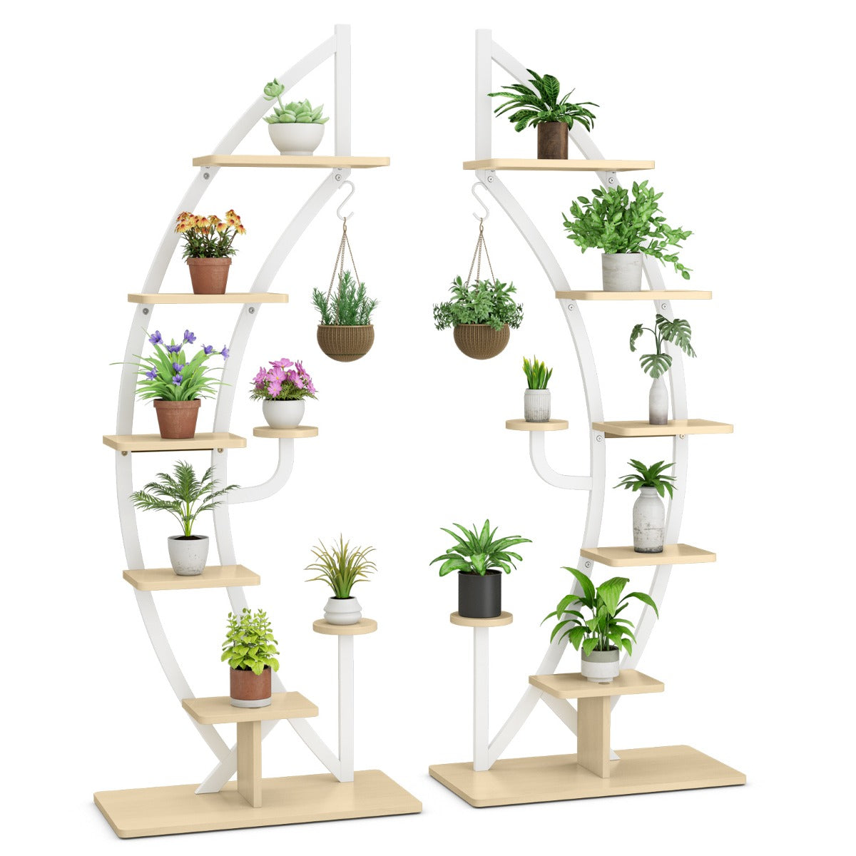 Staggered shelves help plants receive maximum sunlight while creating an organized indoor garden