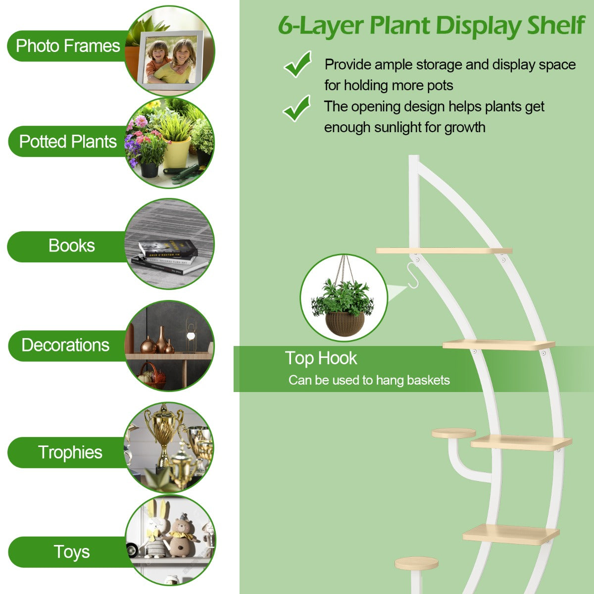 Top hook supports hanging baskets or decorations with a five-kilogram weight capacity