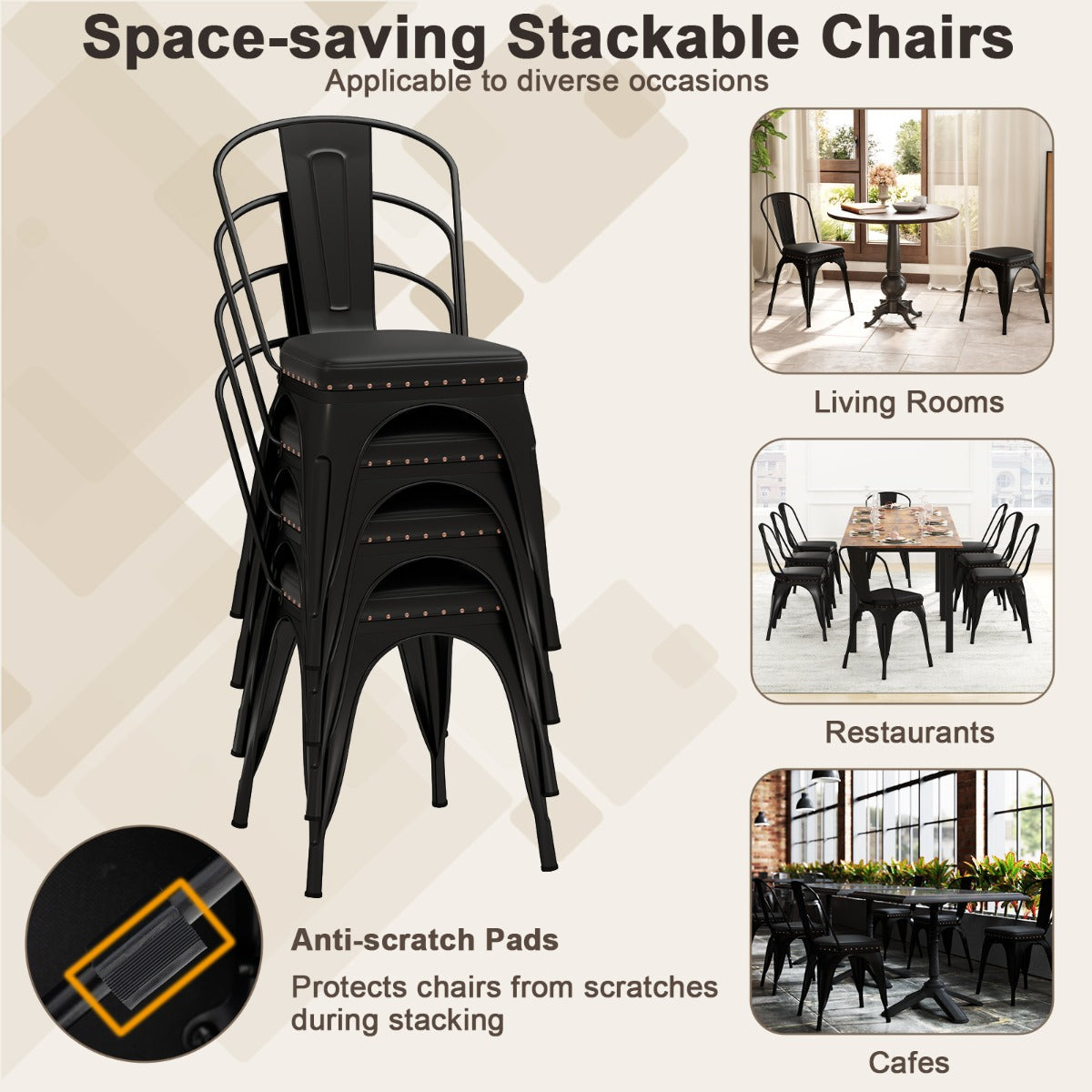 Metal Dining Chair Set of 4  with Removable Backs and PU Leather Cushioned Seat-Black