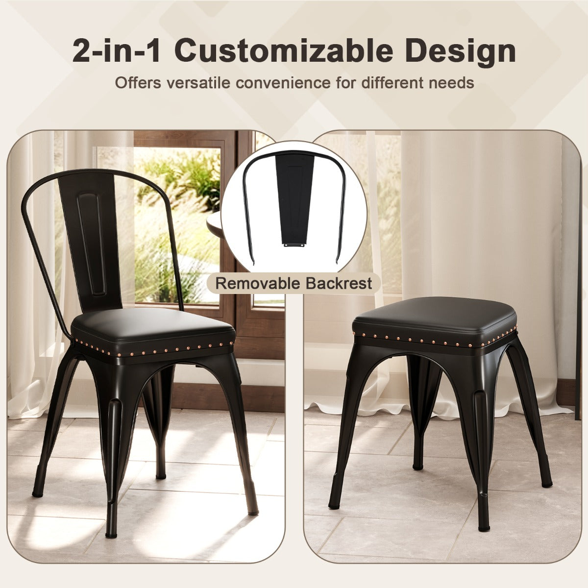 Metal Dining Chair Set of 4  with Removable Backs and PU Leather Cushioned Seat-Black