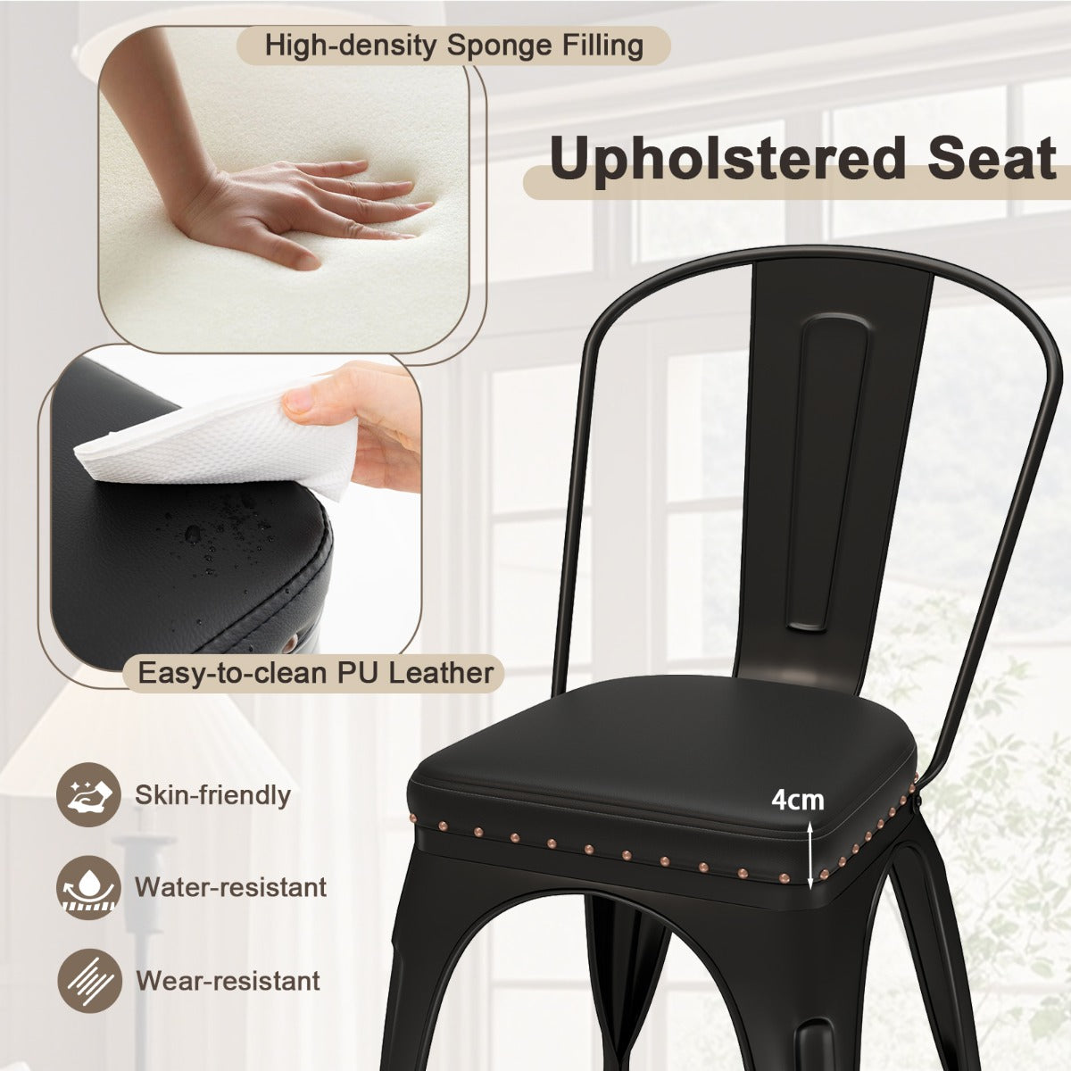 Metal Dining Chair Set of 4  with Removable Backs and PU Leather Cushioned Seat-Black