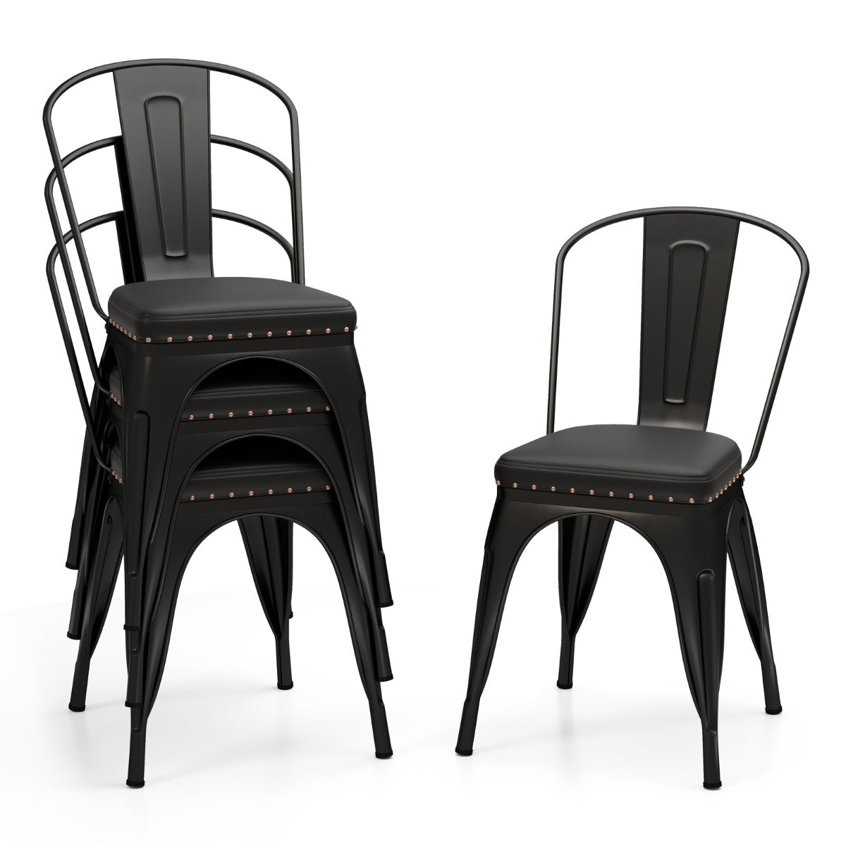 Metal Dining Chair Set of 4  with Removable Backs and PU Leather Cushioned Seat-Black