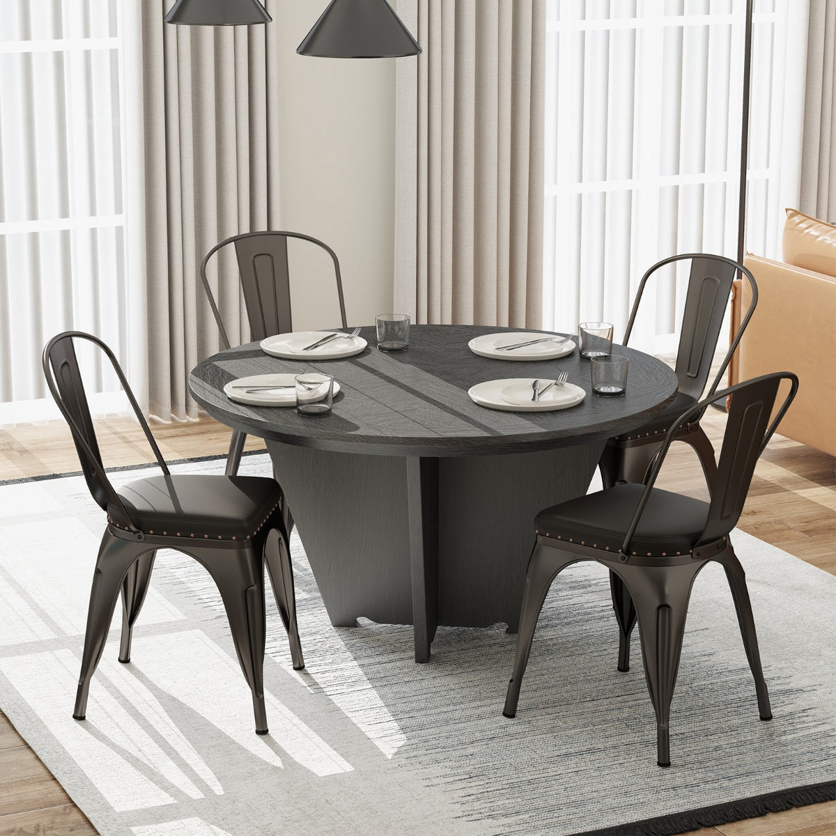 Metal Dining Chair Set of 4  with Removable Backs and PU Leather Cushioned Seat-Brown