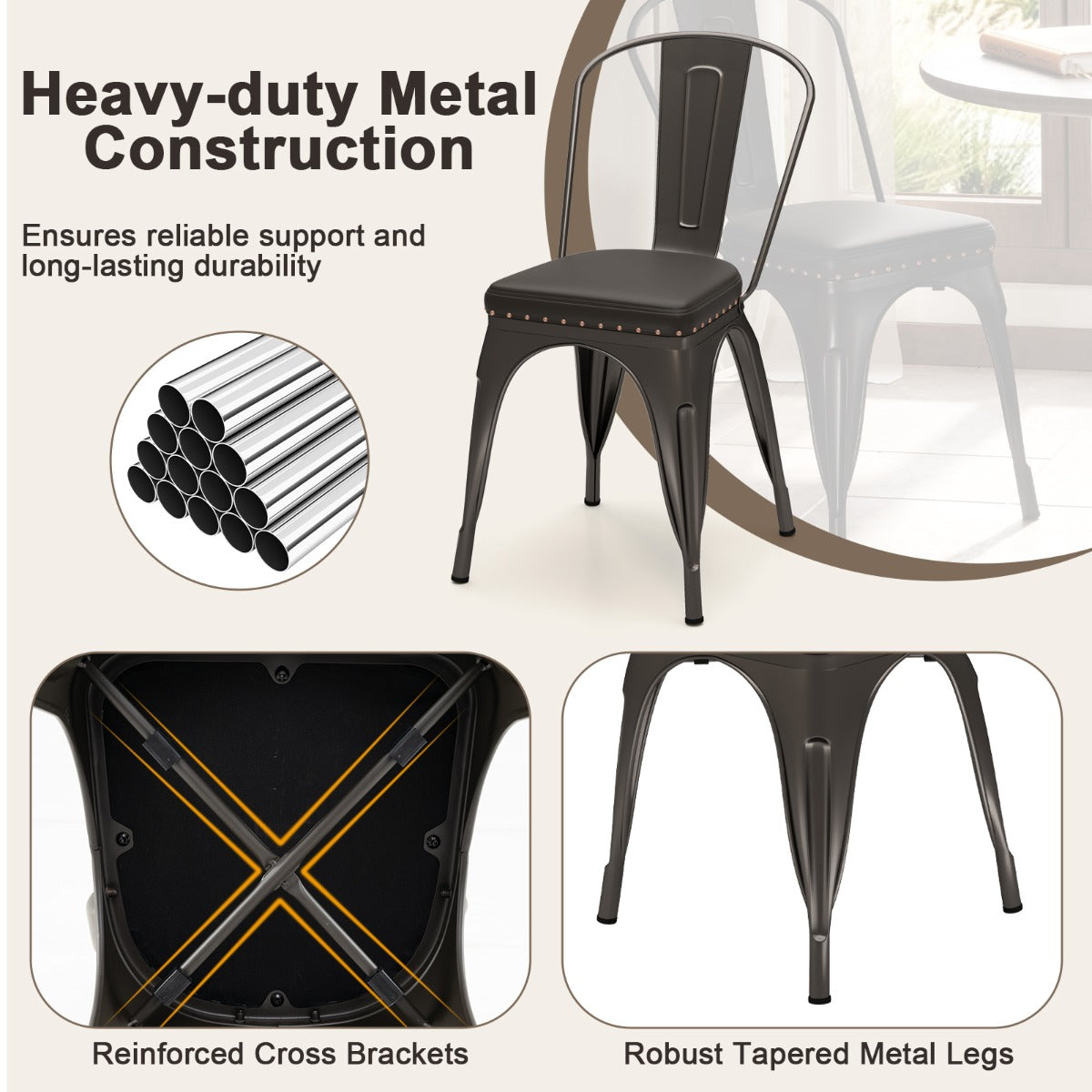 Metal Dining Chair Set of 4  with Removable Backs and PU Leather Cushioned Seat-Brown
