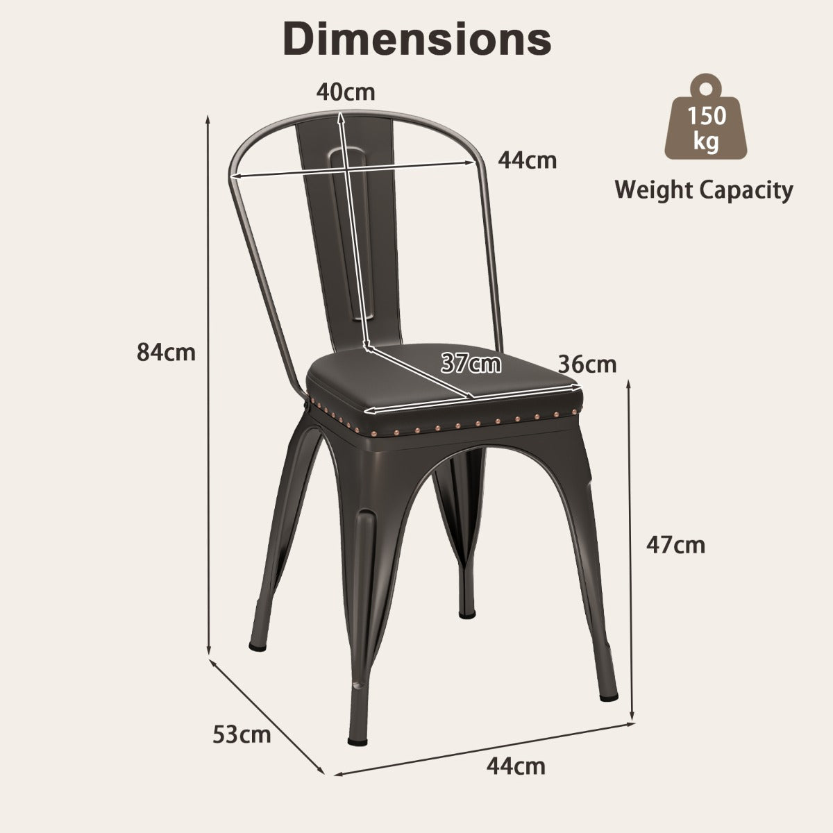 Metal Dining Chair Set of 4  with Removable Backs and PU Leather Cushioned Seat-Brown