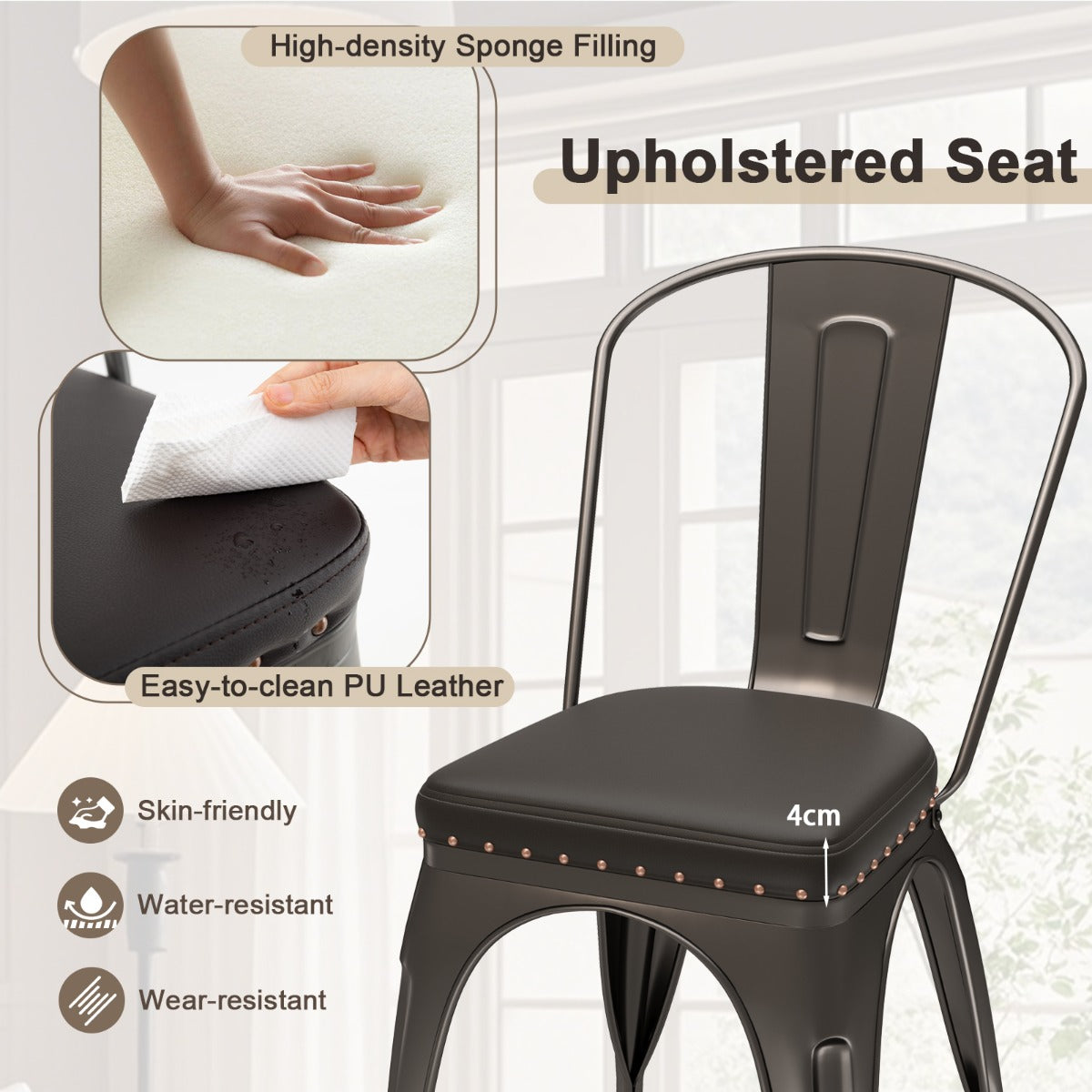Metal Dining Chair Set of 4  with Removable Backs and PU Leather Cushioned Seat-Brown