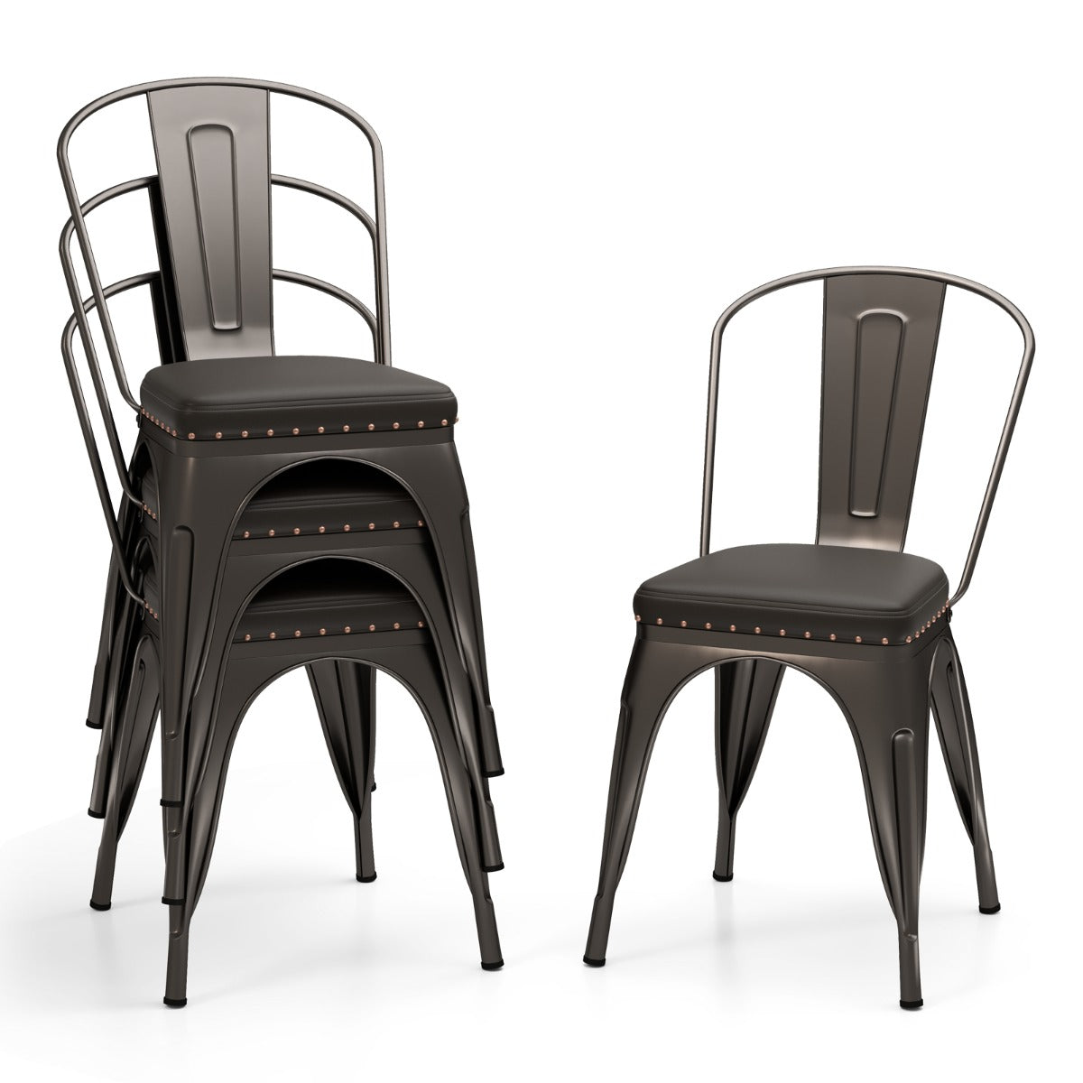 Metal Dining Chair Set of 4  with Removable Backs and PU Leather Cushioned Seat-Brown