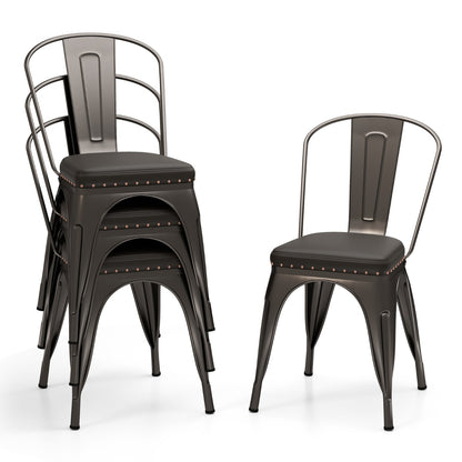 Metal Dining Chair Set of 4  with Removable Backs and PU Leather Cushioned Seat-Brown