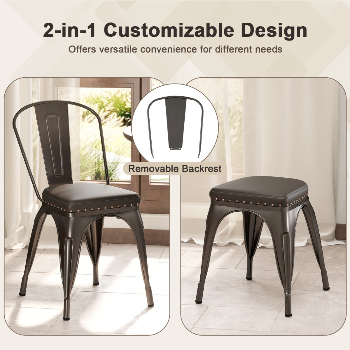 Metal Dining Chair Set of 4  with Removable Backs and PU Leather Cushioned Seat-Brown