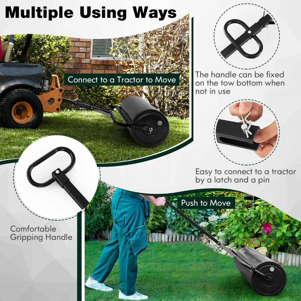 63L Metal Lawn Roller with Detachable Gripping Handle for Garden-Black