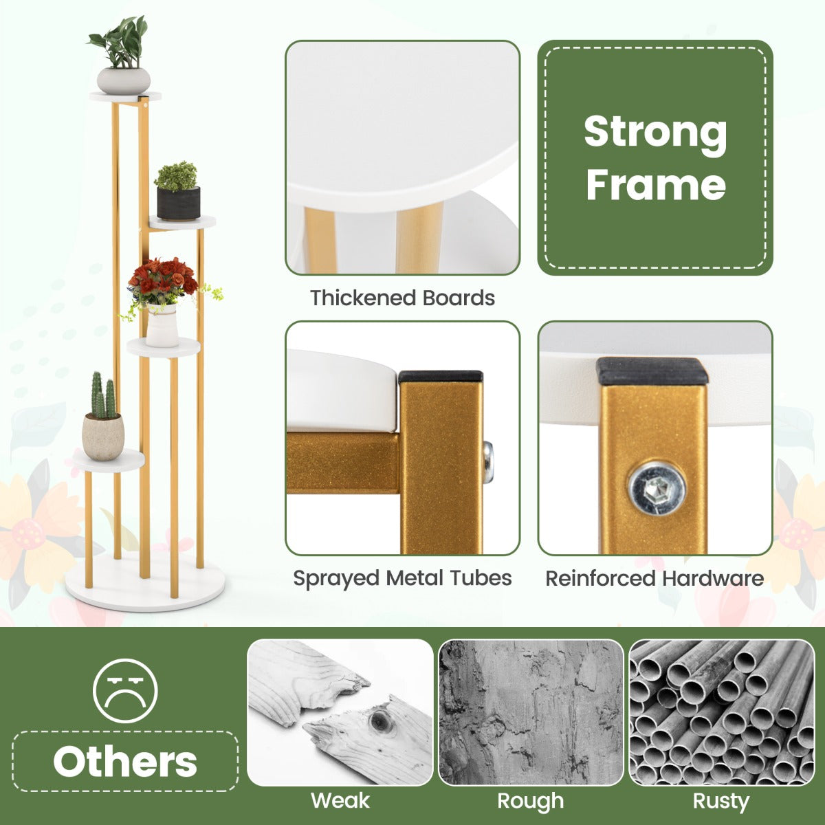 Elegant golden metal plant holder brings stylish organization to living rooms, offices, parties, and weddings