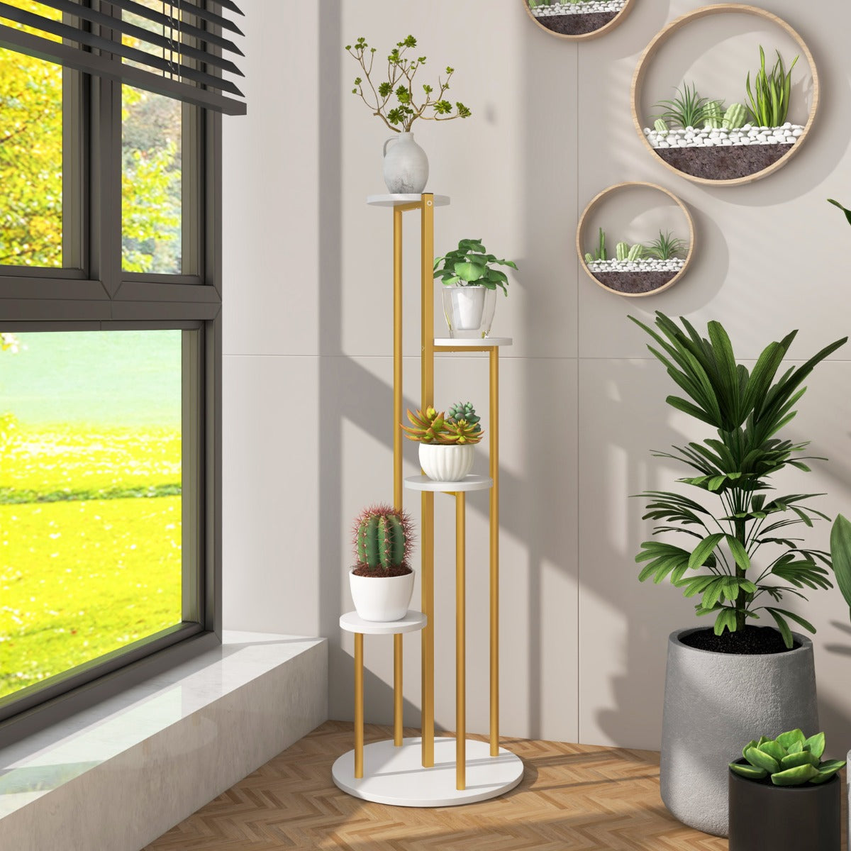 Durable plant shelf features a powder-coated metal frame, thick MDF boards, and anti-slip footpads